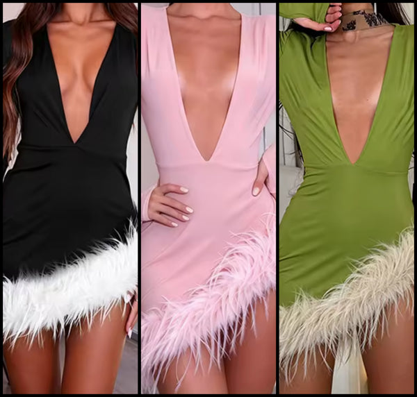 Women Sexy V-Neck Full Sleeve Asymmetrical Fur Patchwork Dress