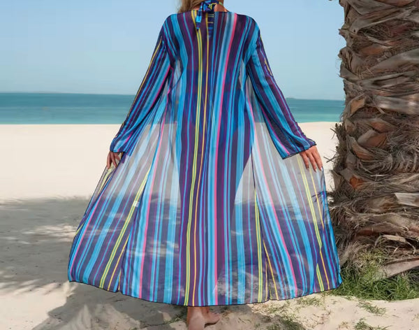 Women Sexy Multicolored Striped Bikini Cover Up Set