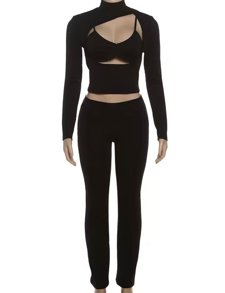 Women Black Turtleneck Cut Out Full Sleeve Three Piece Pant Set