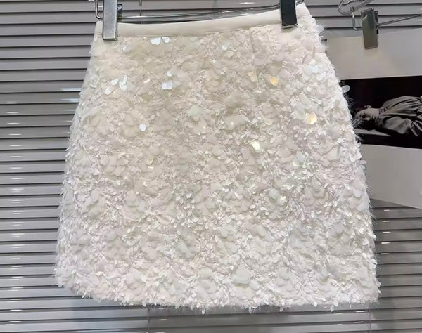 Women White Rhinestone Sequins Quilted Blazer Two Piece Skirt Set