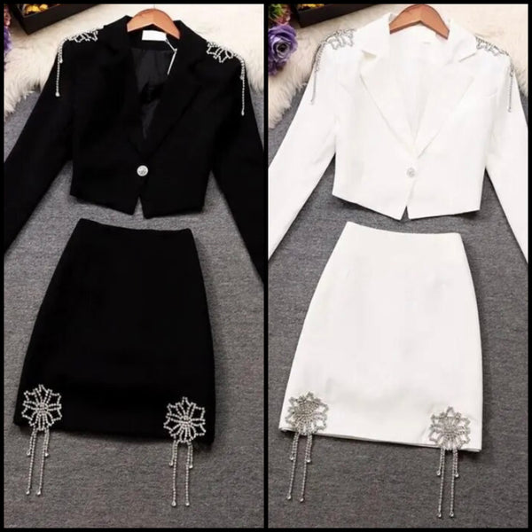 Women Sexy Full Sleeve Rhinestone Bling Two Piece Blazer Skirt Set