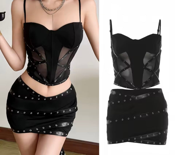 Women Sexy Black Sleeveless Mesh Rivet Patchwork Two Piece Skirt Set