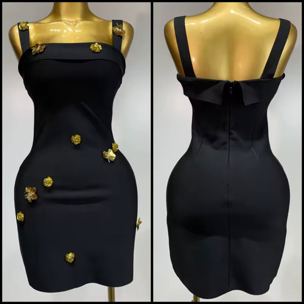 Women Black Sleeveless Gold Floral Sexy Bandage Dress