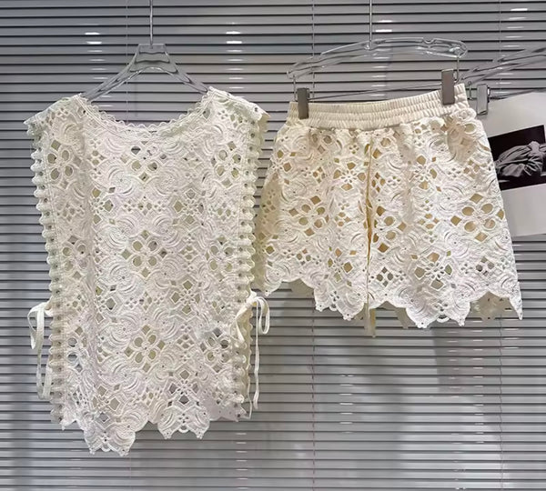 Women Color Lace Sleeveless Fashion Two Piece Short Set
