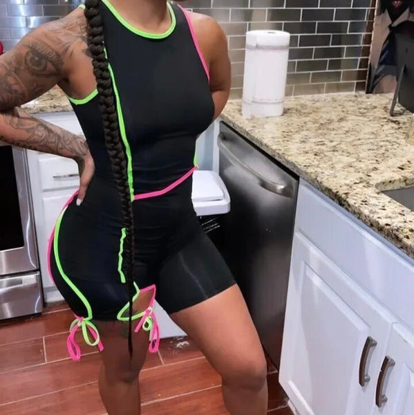 Women Sexy Fashion Sleeveless Black Neon Tie Up Romper