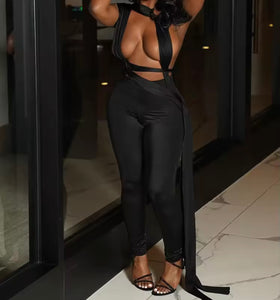 Women Sexy Sleeveless Ribbon Hollow Out Jumpsuit