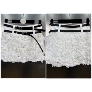 Women Sexy Fashion White 3D Floral Double Belt Skirt