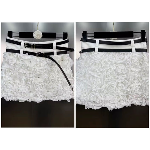 Women Sexy Fashion White 3D Floral Double Belt Skirt