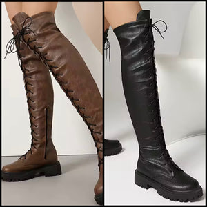 Women Color Fashion Faux Leather Flat Lace Up Knee High Boots