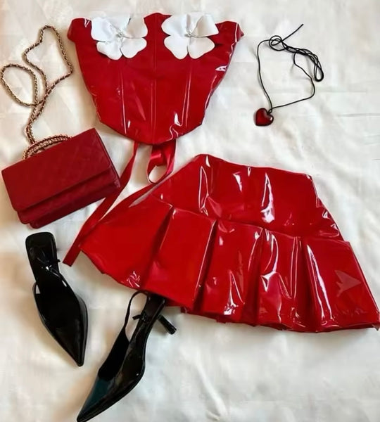 Women Sexy Strapless Floral Red PU Two Piece Pleated Skirt Set