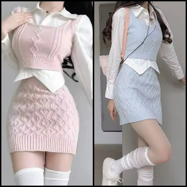 Women Fashion Full Sleeve Knitted Three Piece Skirt Set