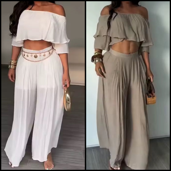 Women Fashion Off The Shoulder Ruffled Crop Two Piece Pant Set