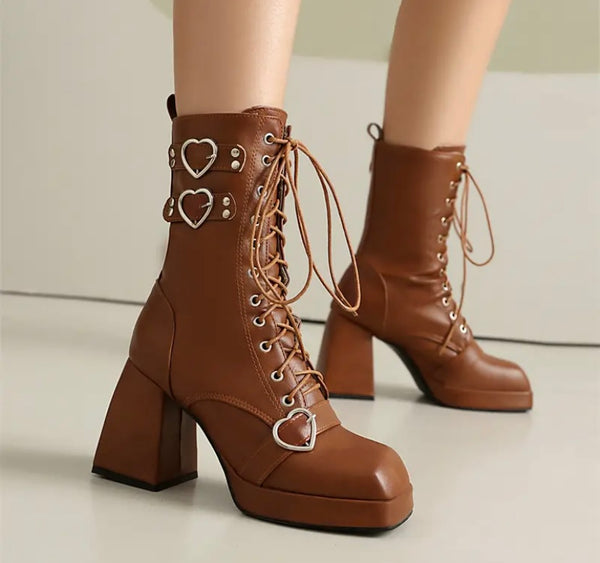 Women Fashion Heart Lace Up Platform Ankle Boots