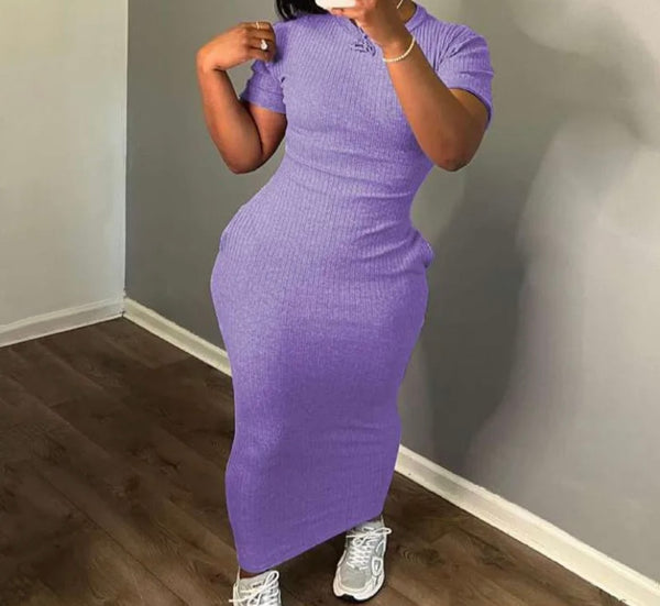Women Solid Color Short Sleeve Ribbed Sexy Maxi Dress