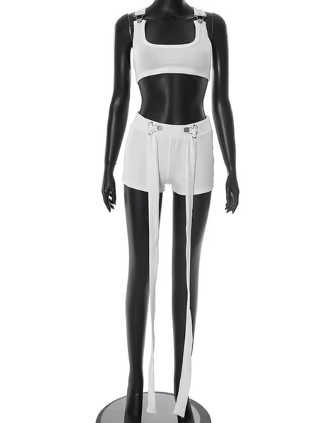 Women Sexy Sleeveless Solid Color Tassel Two Piece Short Set
