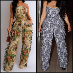 Women Sexy Fashion Strapless Floral Print Fringe Two Piece Pant Set