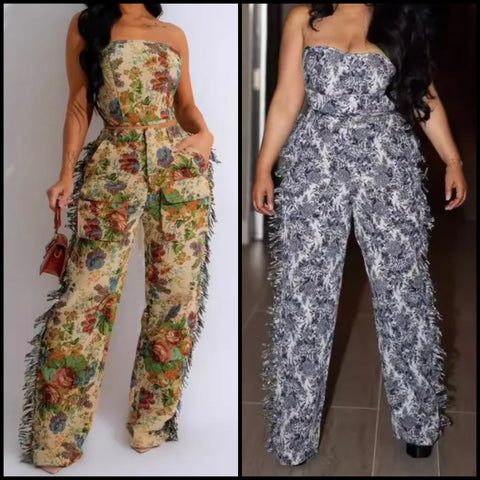 Women Sexy Fashion Strapless Floral Print Fringe Two Piece Pant Set
