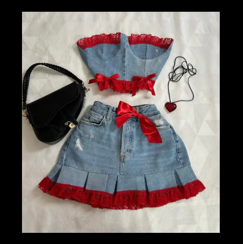 Women Sexy Strapless Denim Red Lace Patchwork Two Piece Skirt Set