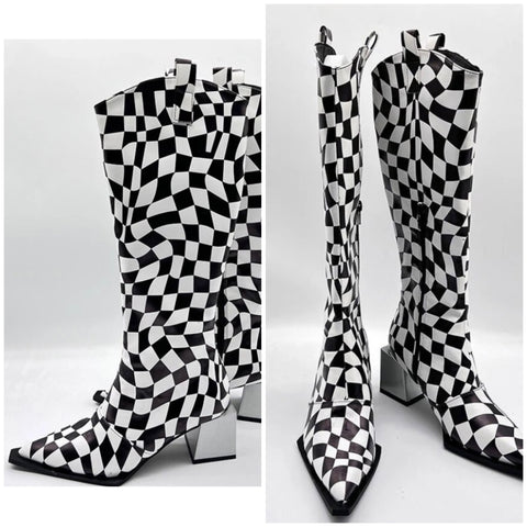 Women Fashion B&W Checkered Knee High Western Boots