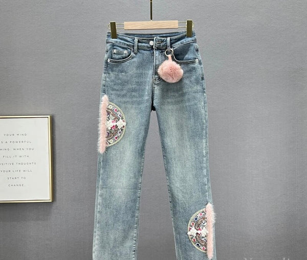 Women Fashion Embroidery Faux Fur Patchwork Denim Pants