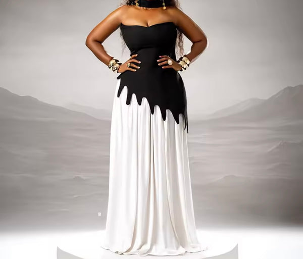 Women Sexy Sleeveless Scarf B&W Maxi Dress