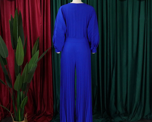 Women Fashion Full Sleeve Solid Color Two Piece Pleated Pant Set