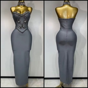 Women Sexy Choker Strapless Gray Rhinestone Maxi Dress