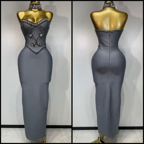 Women Sexy Choker Strapless Gray Rhinestone Maxi Dress