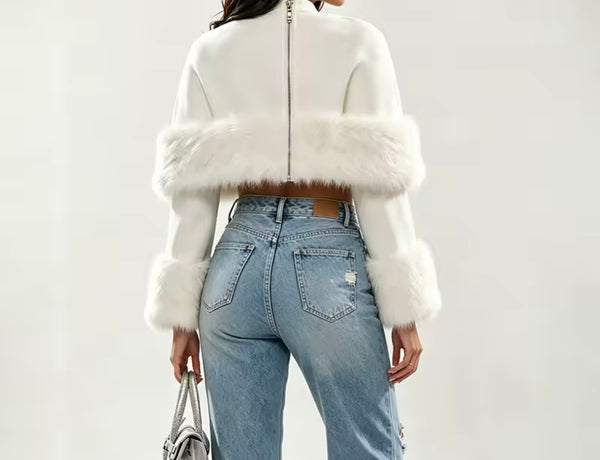 Women Fashion Fur Patchwork Full Sleeve Crop Top