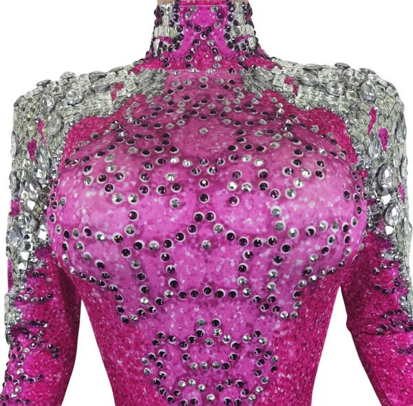 Women Fashion Turtleneck Full Sleeve Beaded Bling Pink Jumpsuit