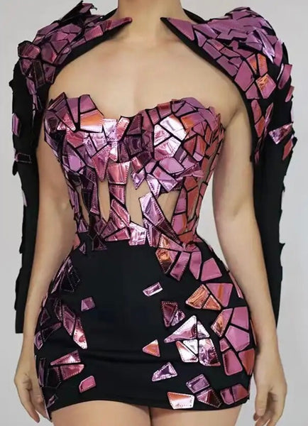 Women Sexy Metallic Color Patchwork Strapless Dress Jacket Set