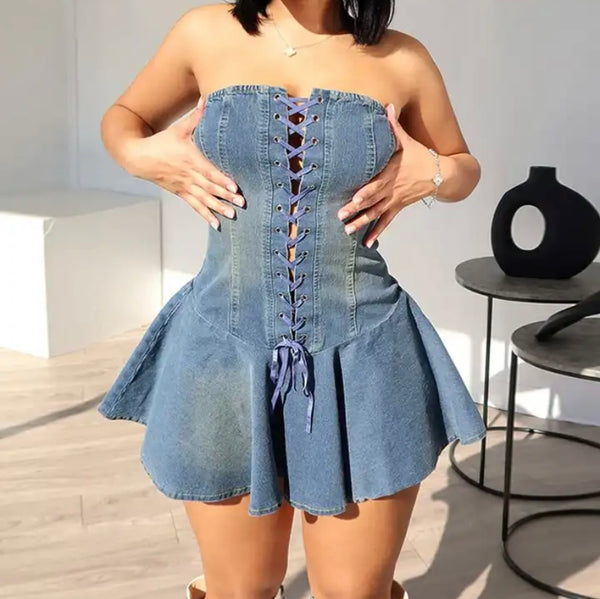 Women Sexy Strapless Lace Up Denim Ruffled Dress