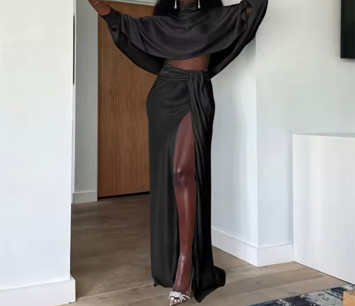 Women Sexy Full Sleeve Ruched Split Two Piece Maxi Skirt Set