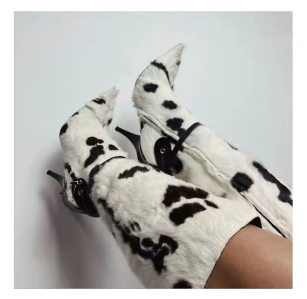 Women Fashion Pointed Toe Animal Print Faux Fur Boots