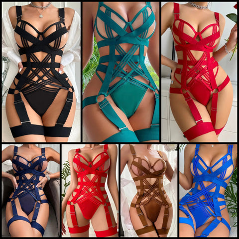 Women Sexy Sleeveless Criss-Cross Bodysuit Lingerie Set