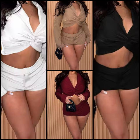Women Solid Color Full Sleeve Crop Fashion Two Piece Short Set