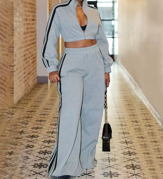Women Striped Zip Up Fashion Two Piece Tracksuit Pant Set