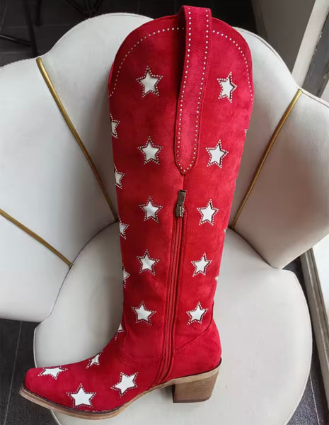 Women Fashion Star Fringe Tassel Knee High Western Boots