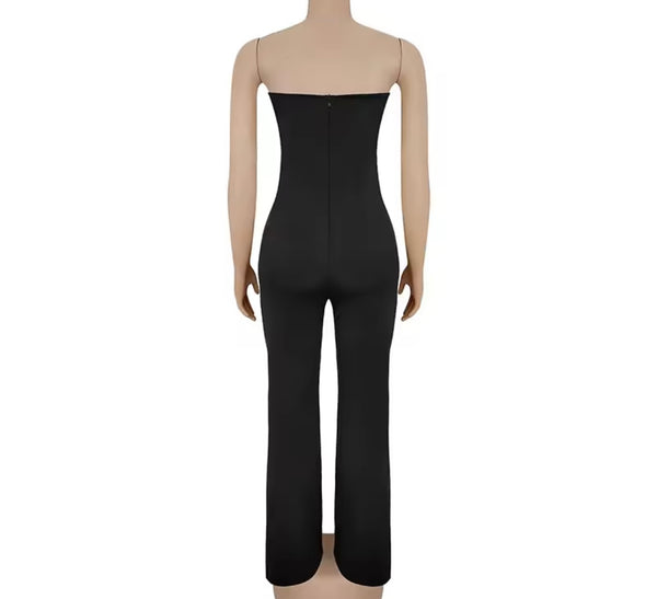 Women Sexy Strapless Bling Crystal Black Jumpsuit