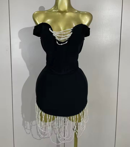 Women Sexy Black Off The Shoulder Pearl Tassel Dress