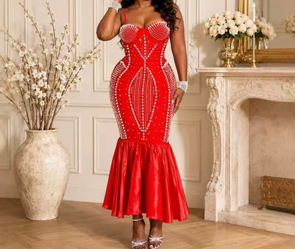 Women Sexy Sleeveless Pearl Rhinestone Mermaid Maxi Dress