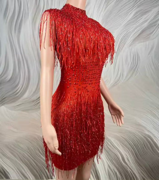 Women Red Sexy Fringe Tassel Rhinestone Dress
