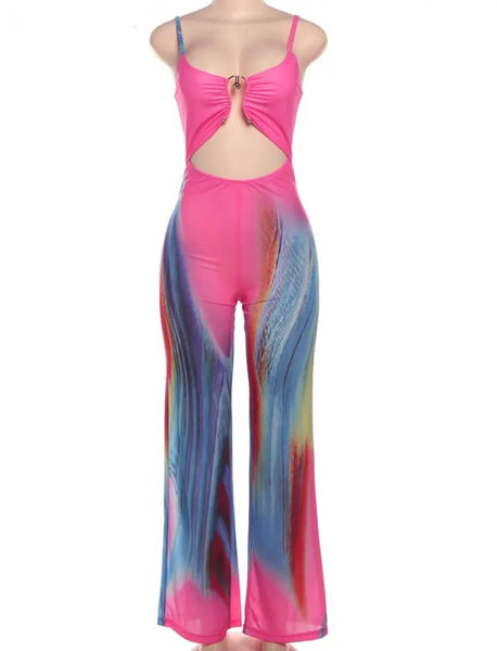 Women Sexy Sleeveless Pink Rainbow Jumpsuit