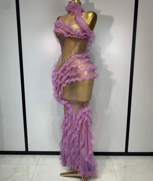 Women Sexy Sleeveless Color Rhinestone Ruffled Mesh Maxi Dress