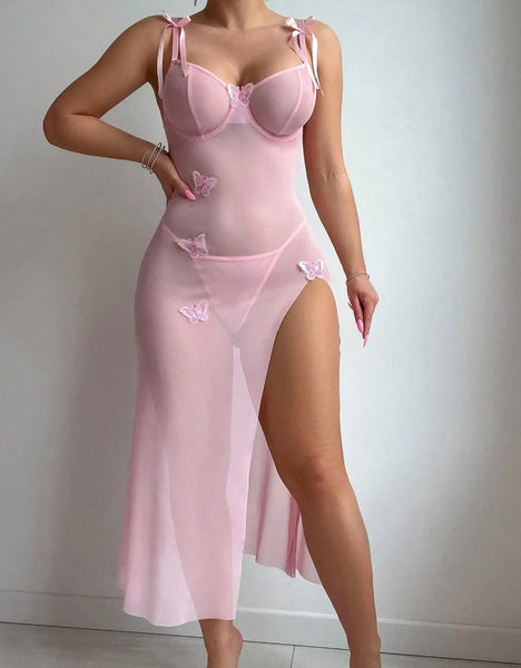 Women Sexy Color Butterfly Mesh Side Split Nightgown Lingerie