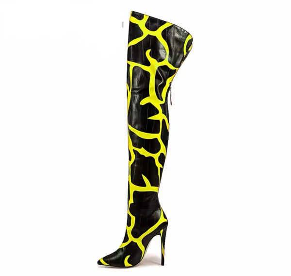 Women Color Patchwork Faux Leather Over The Knee Boots