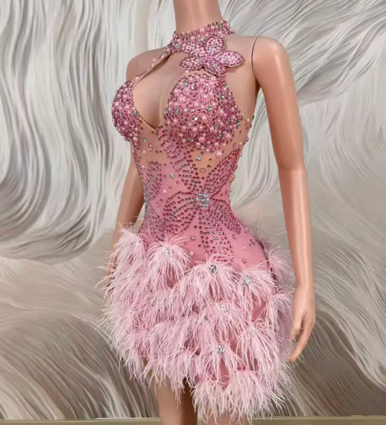 Women Sexy Pink Sleeveless Rhinestone Feather Dress