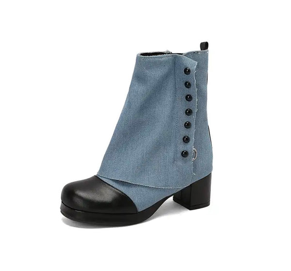Women Fashion Button Denim Ankle Boots