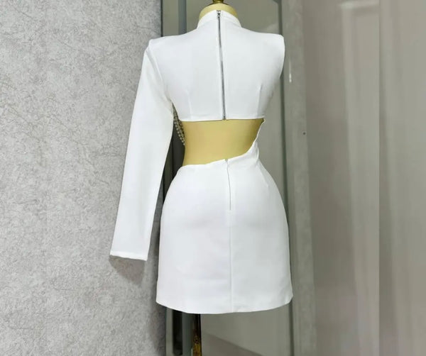 Women Sexy One Shoulder Full Sleeve Cut Out Pearl White Dress