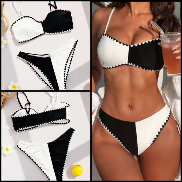 Women Sexy B&W Color Patchwork Bikini Swimsuit